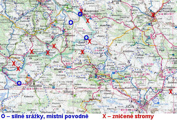 Orientační mapka oblasti zasažené bouří 27. 5. 2000